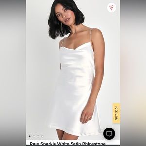 Lulu’s Rare Sparkle White Satin Rhinestone Strap Mini Dress